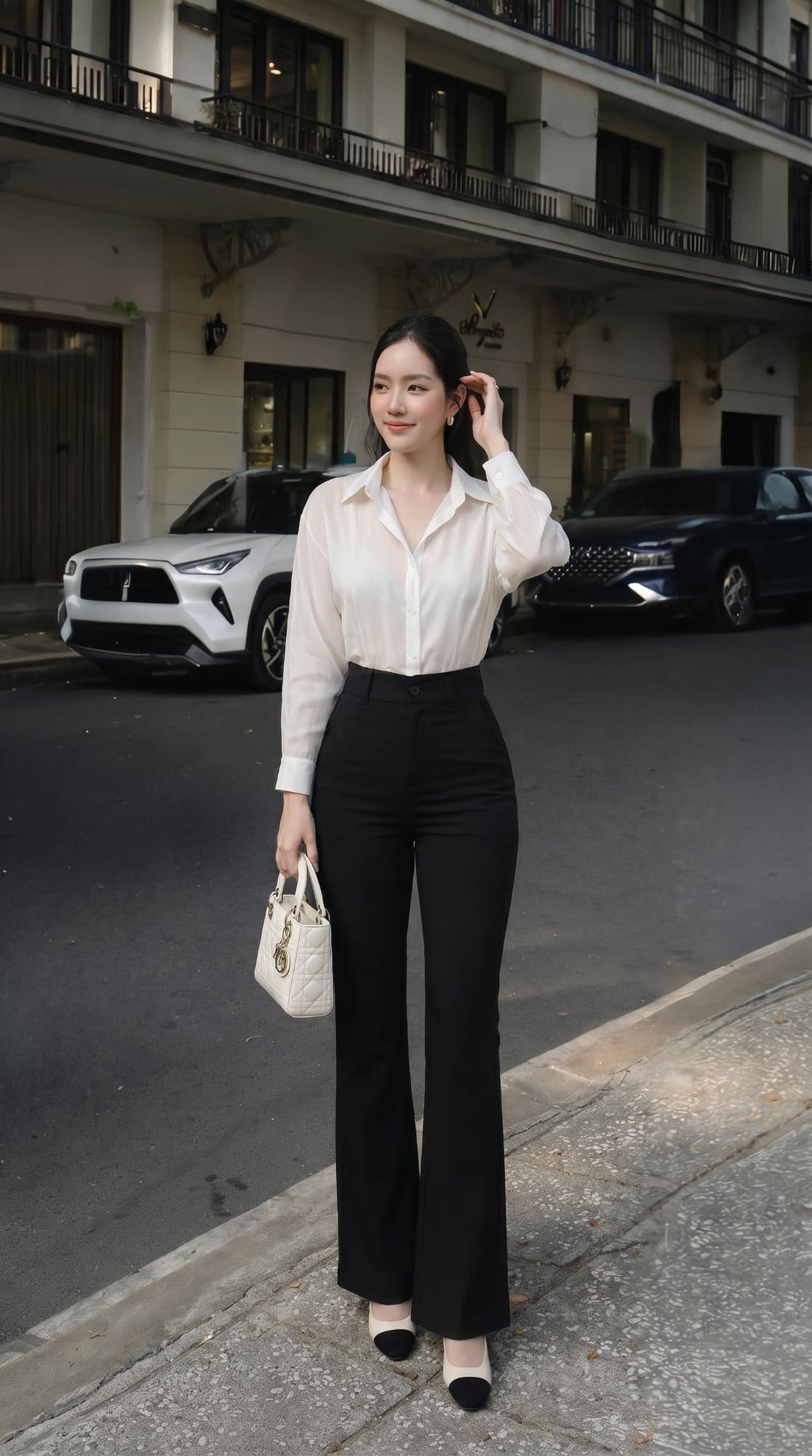 Áo sơ mi cánh rơi tơ xôp và Quần ống loe tôn dáng khóa trước