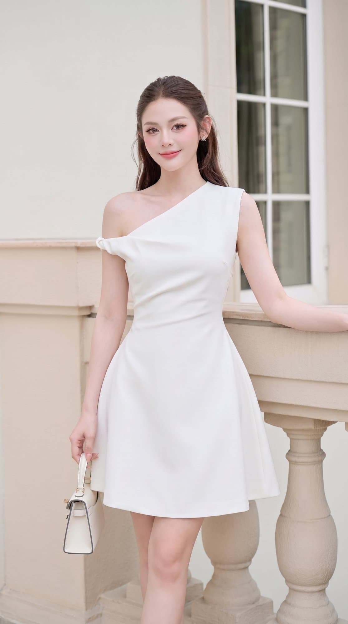 ĐẦM XÒE LỆCH VAI MÀU KEM