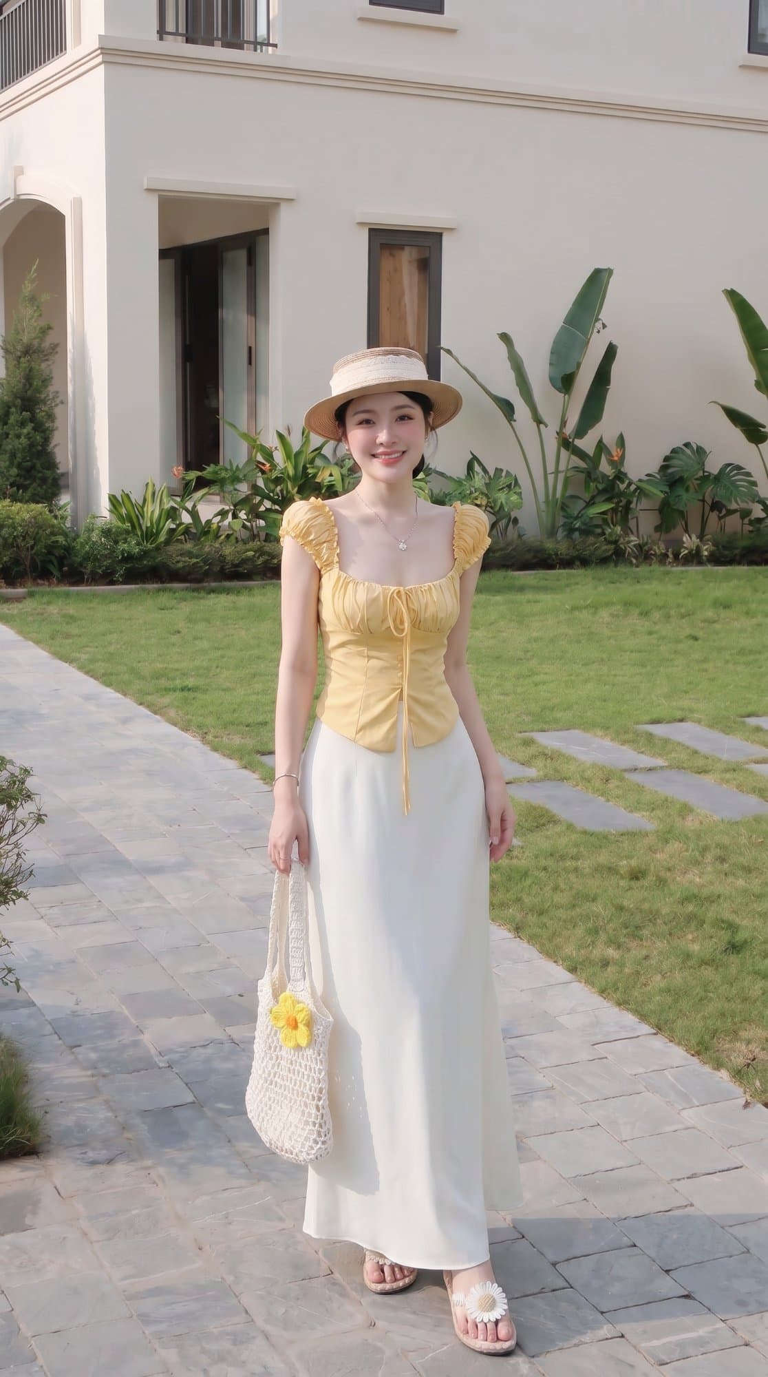 Set áo nhún vàng, chân váy lụa BTS Summer 2026