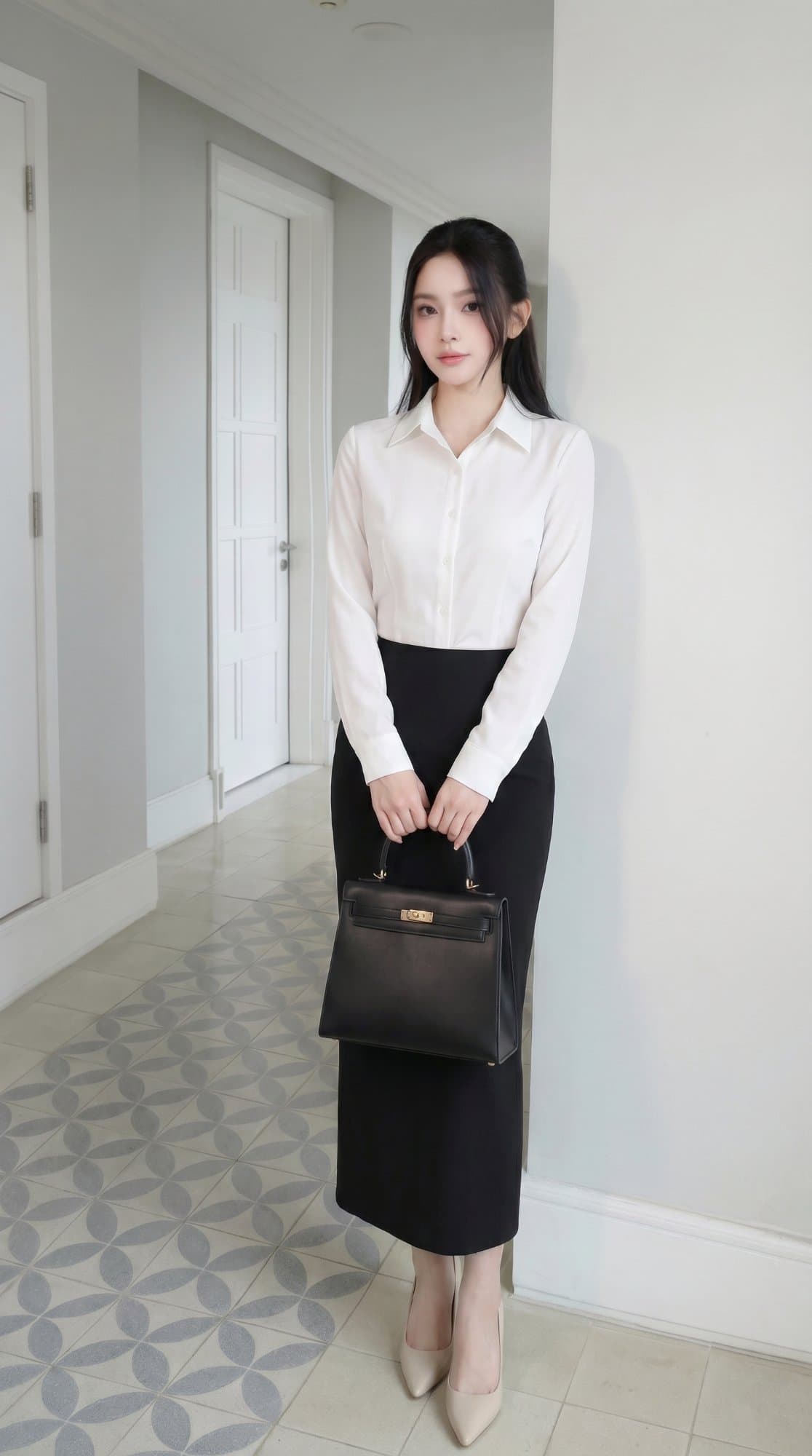 ÁO SƠ MI TRẮNG CỔ NHỌN VÀ CHÂN VÁY BÚT CHÌ 90cm