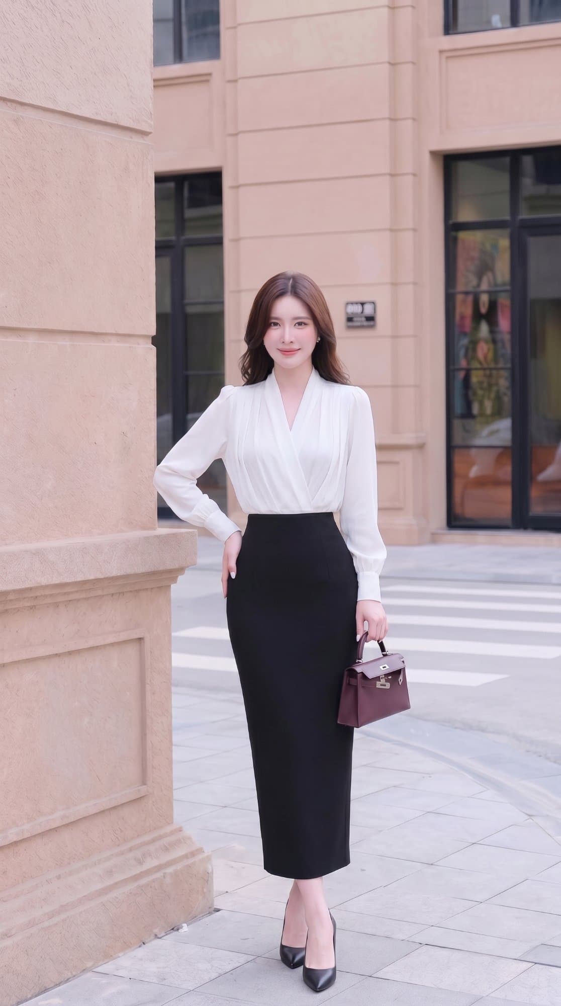 Áo sơ mi lụa cổ V và Chân váy bút chì 90cm