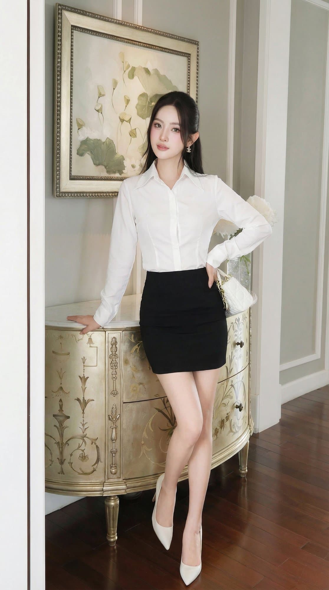 ÁO SƠ MI TRẮNG CỔ NHỌN VÀ CHÂN VÁY NGẮN CÔNG SỞ